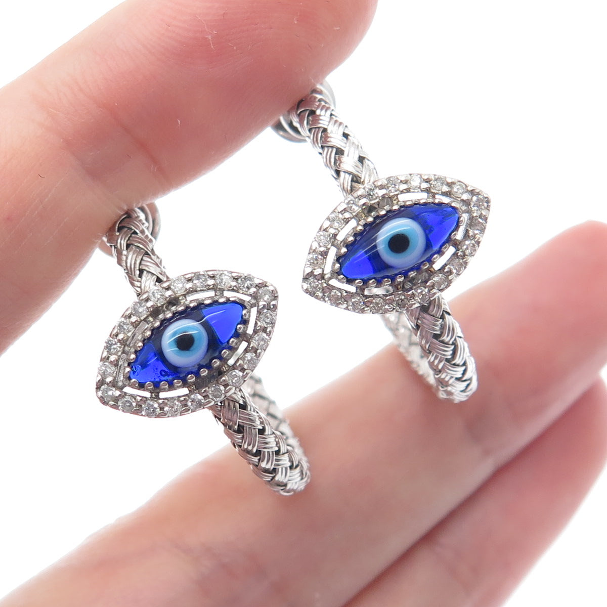 925 Sterling Silver Real Diamond & Enamel Evil Eye Wicker Half Hoop Earrings