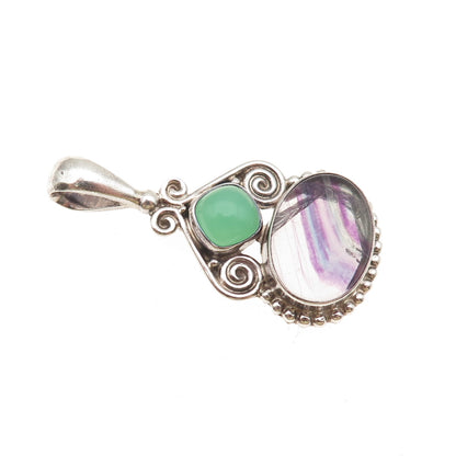 SAJEN 925 Sterling Silver Vintage Real Fluorite & Green Chalcedony Charm Pendant