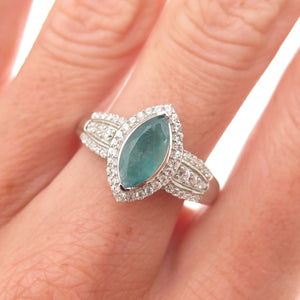 D'Joy 925 Sterling Silver Real Aquamarine & White Topaz Ring Size 8