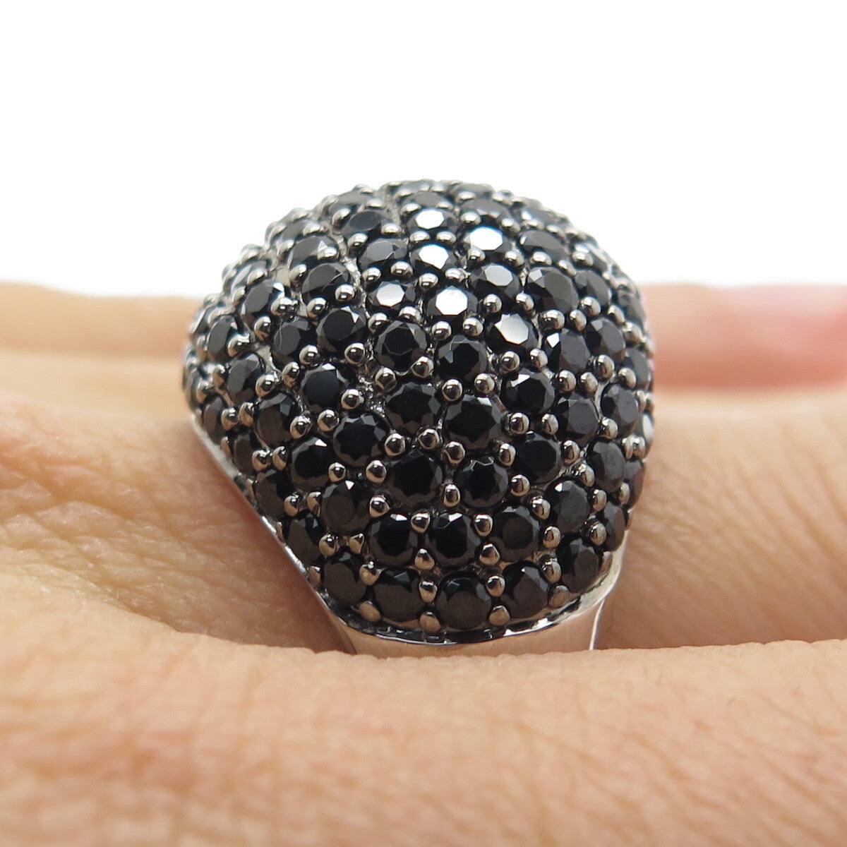 DSMK 925 Sterling Silver Real Black Spinel Gem Cluster Domed Ring Size 7.25