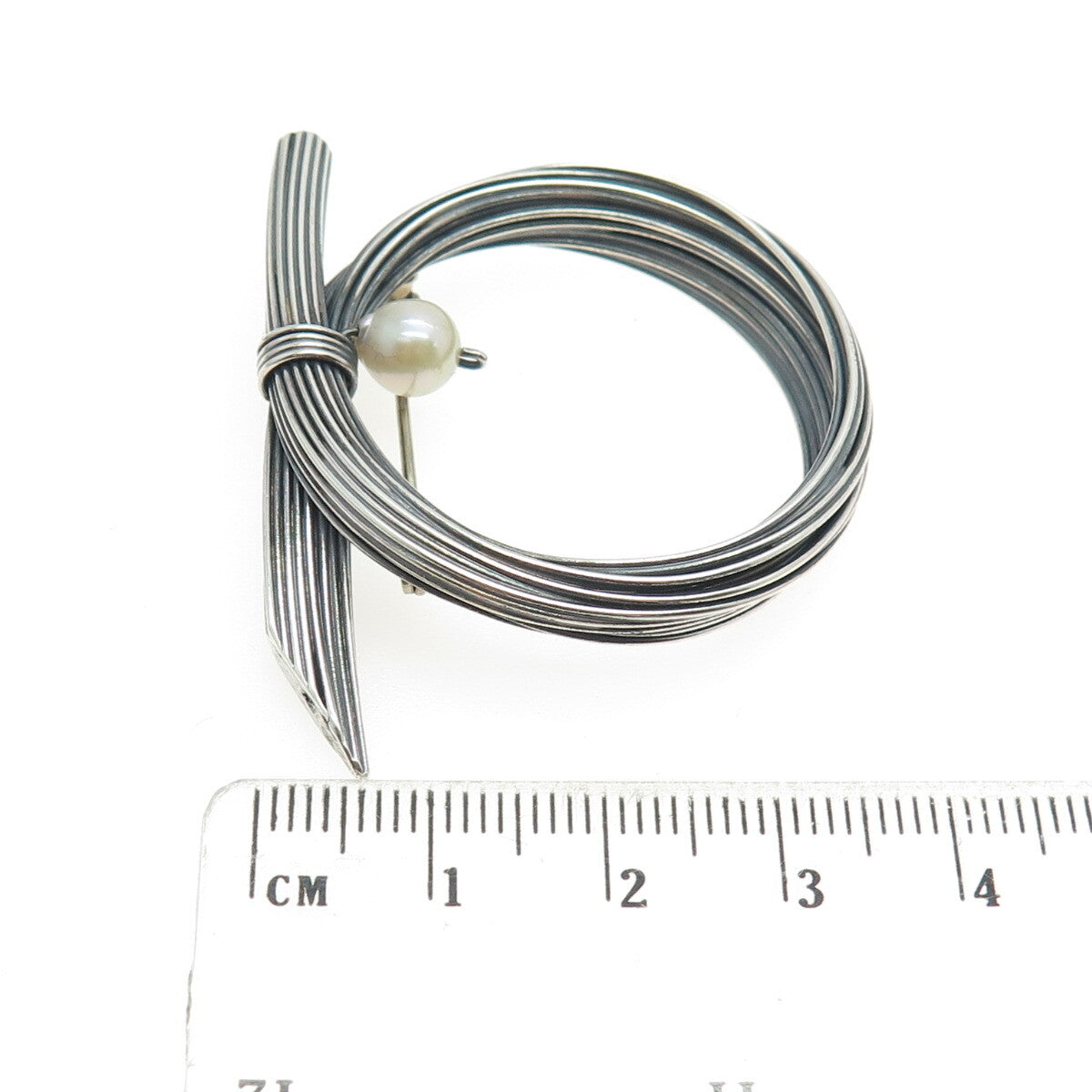 925 Sterling Silver Vintage Real Pearl Modernist Oxidized Pin Brooch