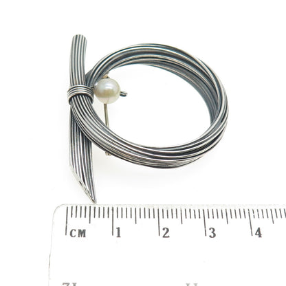 925 Sterling Silver Vintage Real Pearl Modernist Oxidized Pin Brooch