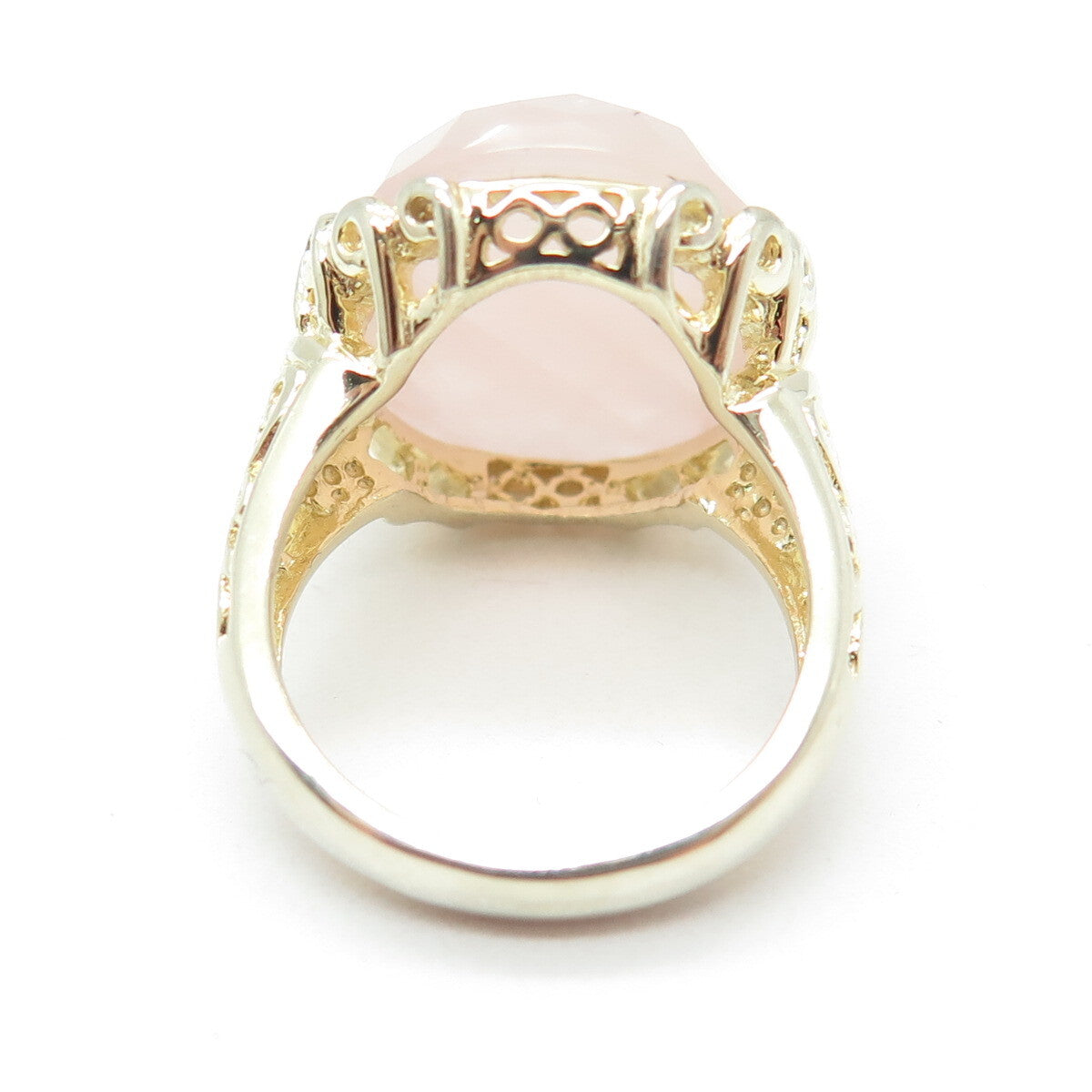 925 Sterling Silver Gold Plated Checkered Rose Quartz Ornate Ring Size 6.25