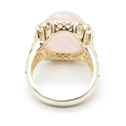 925 Sterling Silver Gold Plated Checkered Rose Quartz Ornate Ring Size 6.25