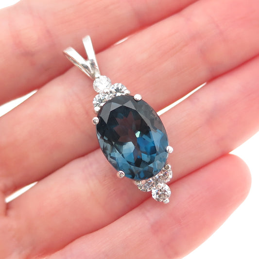925 Sterling Silver Vintage Real London Blue Topaz & C Z Charm Pendant