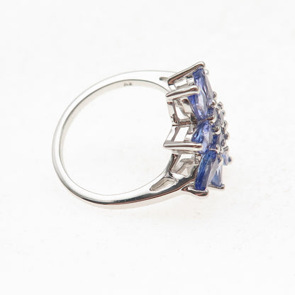 925 Sterling Silver Real Round & Pear-Cut Tanzanite Floral Ring Size 8