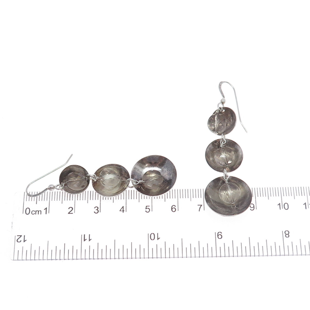 925 Sterling Silver Vintage Real Clear Quartz Modernist Oxidized Dangle Earrings