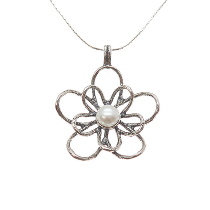 925 Sterling Silver Vintage Real Pearl Flower Blossom Chain Necklace 16"