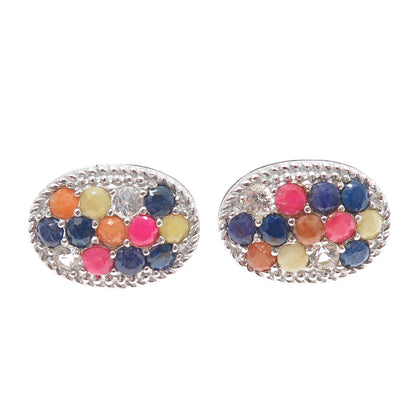 925 Sterling Silver Real Round-Cut Multi-Color Sapphire Earrings