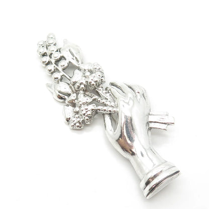 925 Sterling Silver Vintage Flowers in Hand Pin Brooch