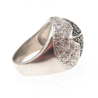 925 Sterling Silver Real Black Spinel & C Z Floral Dome Ring Size 6.75