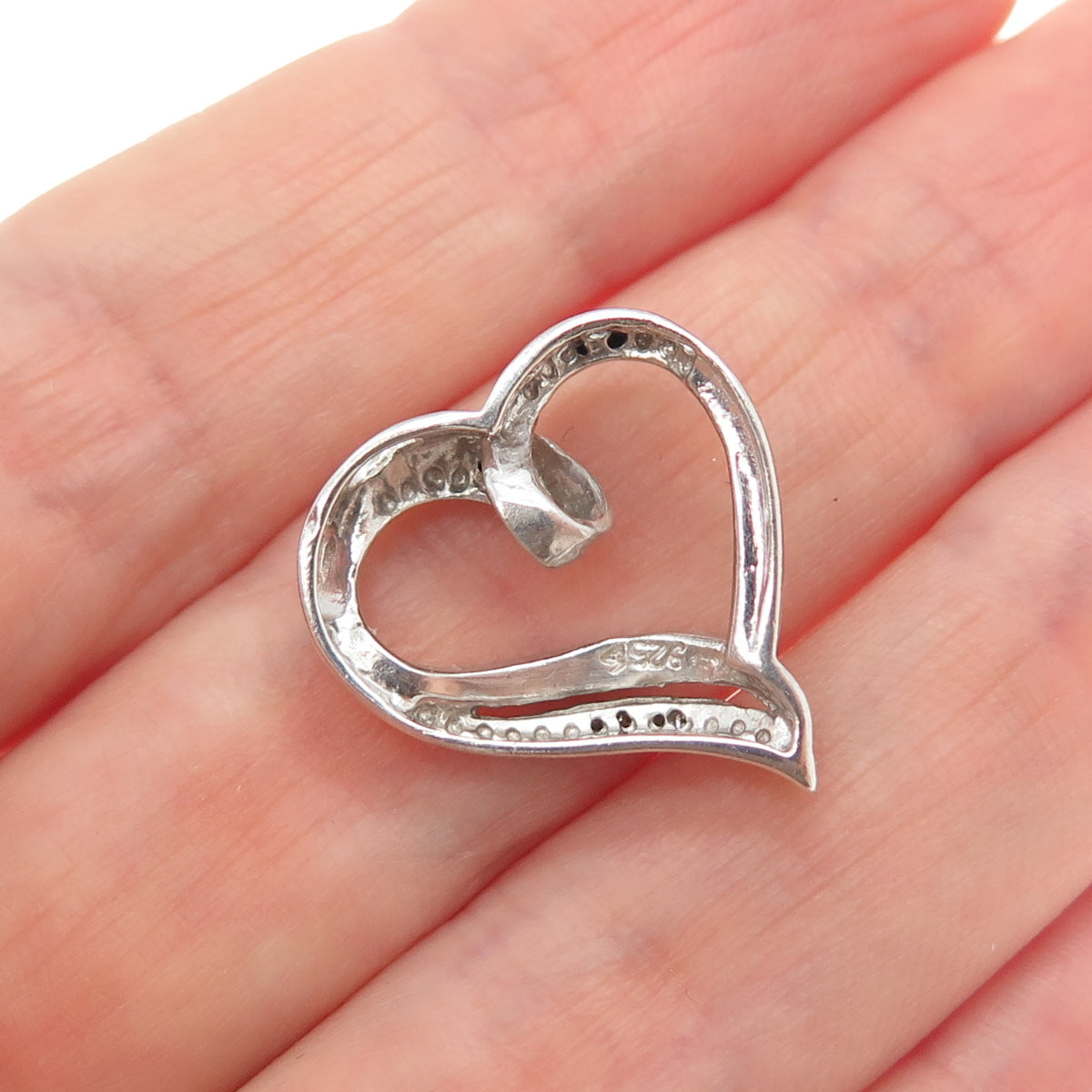 925 Sterling Silver Real Black & White Diamond Heart Minimalist Slide Pendant