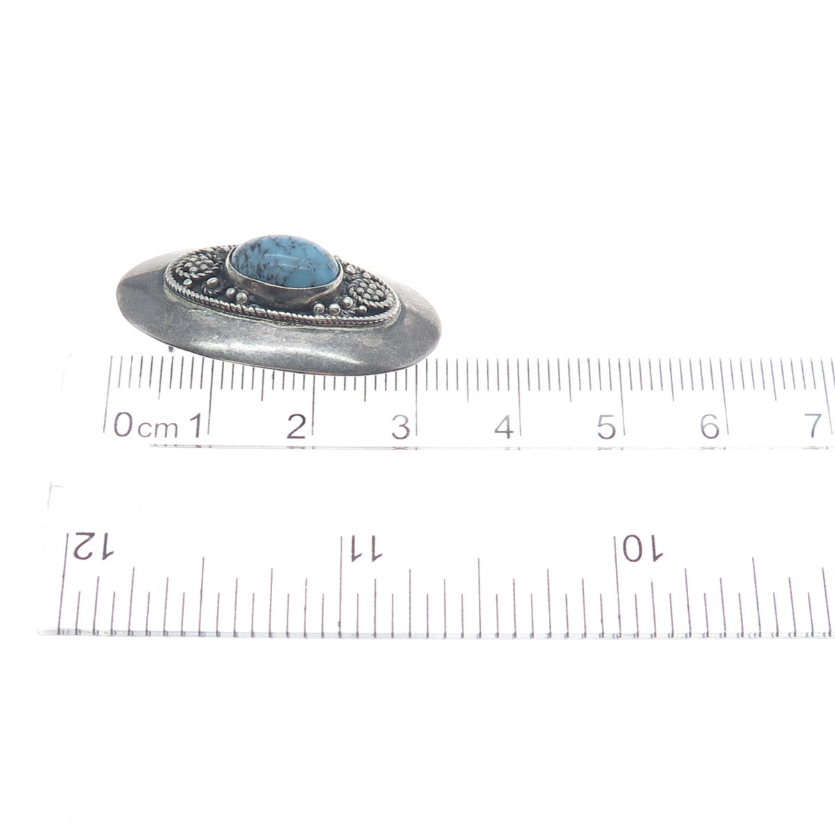 935 Silver Vintage Israel Faux Turquoise Beaded Oxidized Oval Pin Brooch