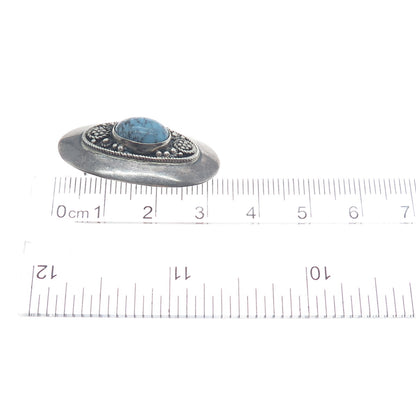 935 Silver Vintage Israel Faux Turquoise Beaded Oxidized Oval Pin Brooch