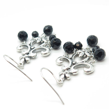 925 Sterling Silver Vintage Real Black Onyx Gemstone Ornate Dangling Earrings