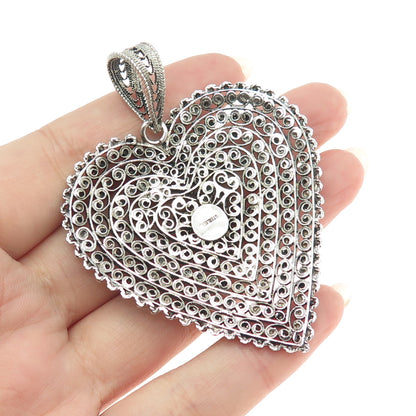 925 Sterling Silver Antique Art Deco Cannetille Heart Oxidized Pendant