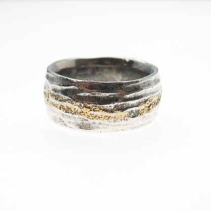 PAVE Sterling Silver 22K Gold Vintage Modernist Oxidized Band Ring Size 10.75