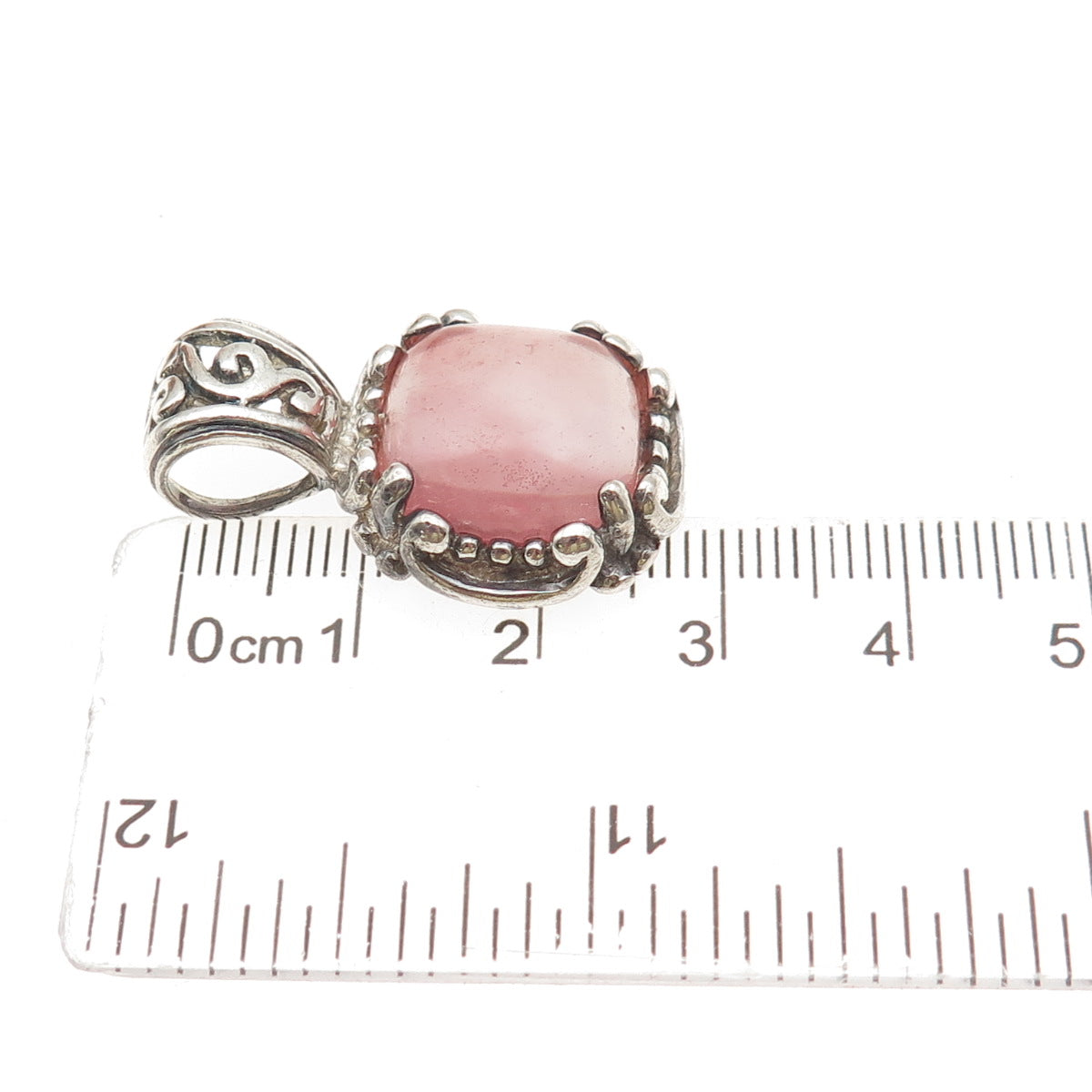 925 Sterling Silver Vintage Real Rose Quartz Swirl Oxidized Charm Pendant