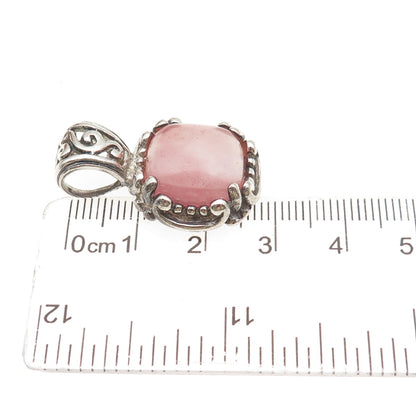 925 Sterling Silver Vintage Real Rose Quartz Swirl Oxidized Charm Pendant