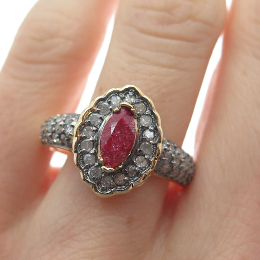 925 Sterling Silver Gold Plated Real Round-Cut Diamond & Ruby Ring Size 9.25