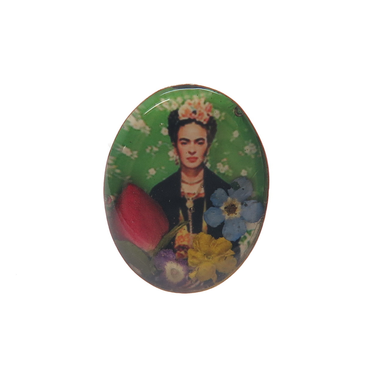 925 Sterling Silver Vintage Enamel Frida Kahlo Pressed Flowers Ring Size 6