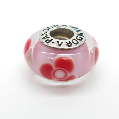 PANDORA 925 Sterling Silver Murano Glass Red Flower Bead Charm