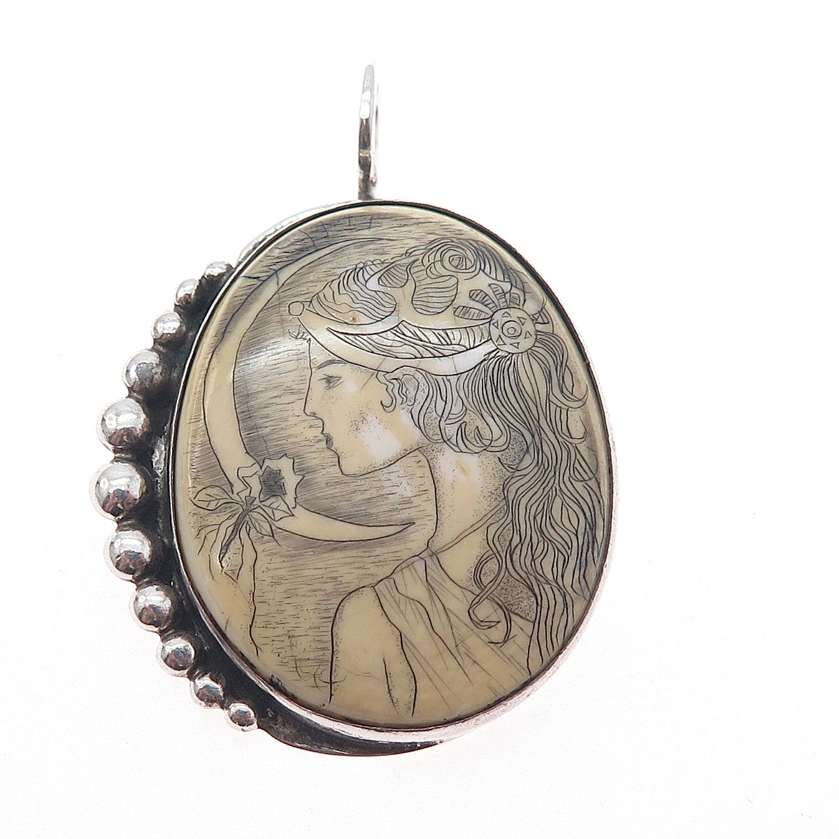 Old Pawn 925 Sterling Silver Vintage Southwestern Lady Cameo Oxidized Pendant