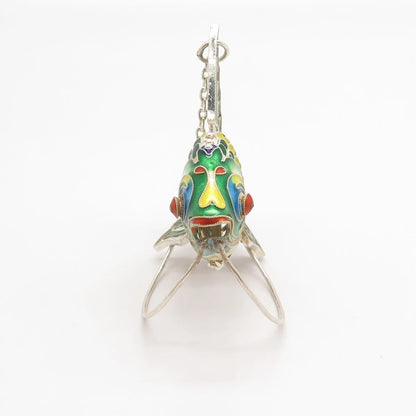 925 Sterling Silver Enamel Antique Articulated Chinese Koi Fish Pendant / Fob