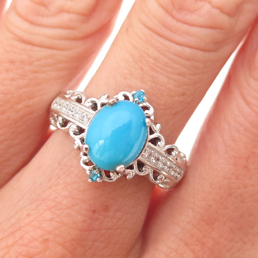 Chuck Clemency 925 Sterling Silver Real Turquoise & White Topaz Ring Size 8
