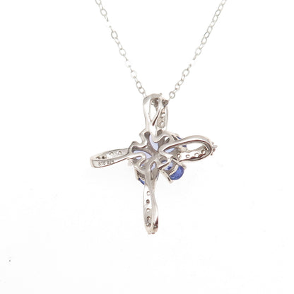 Chuck Clemency 925 Sterling Real Tanzanite White Topaz Floral Cross Necklace 20"