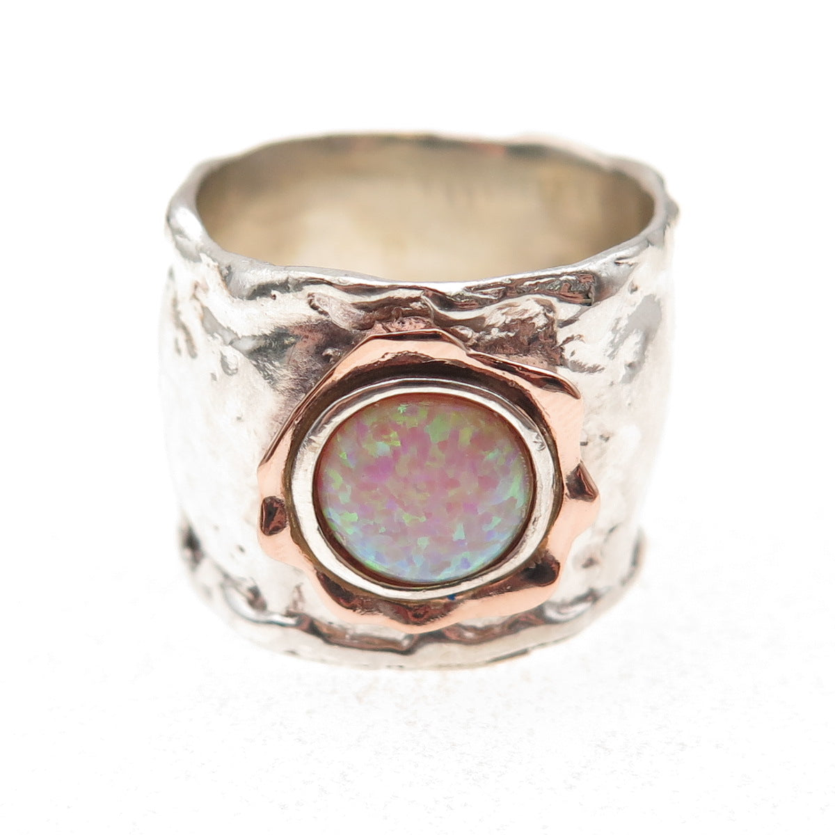925 Sterling Silver 14K Gold Vintage Real Opal Modernist Hammered Ring Size 8