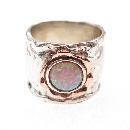 925 Sterling Silver 14K Gold Vintage Real Opal Modernist Hammered Ring Size 8