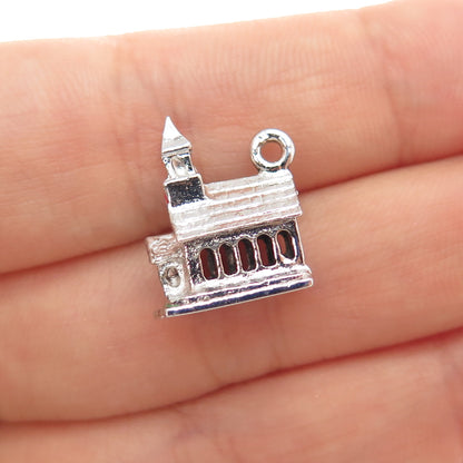 925 Sterling Silver Antique Art Deco Enamel Church Minimalist 3D Charm Pendant