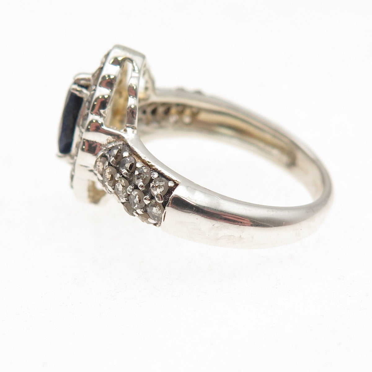 925 Sterling Silver Real Round-Cut Diamond & Sapphire Ring Size 6.75
