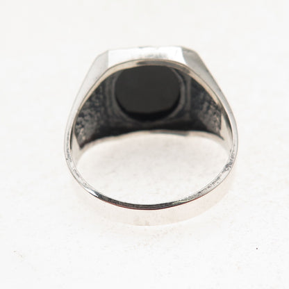 925 Sterling Silver Vintage Real Black Onyx Hammered Oxidized Ring Size 9