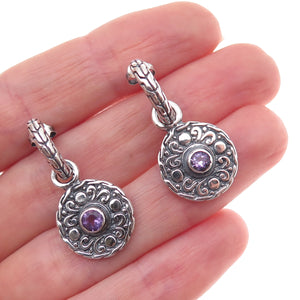 925 Sterling Silver Vintage Real Amethyst Dangle Charm Hoop Earrings