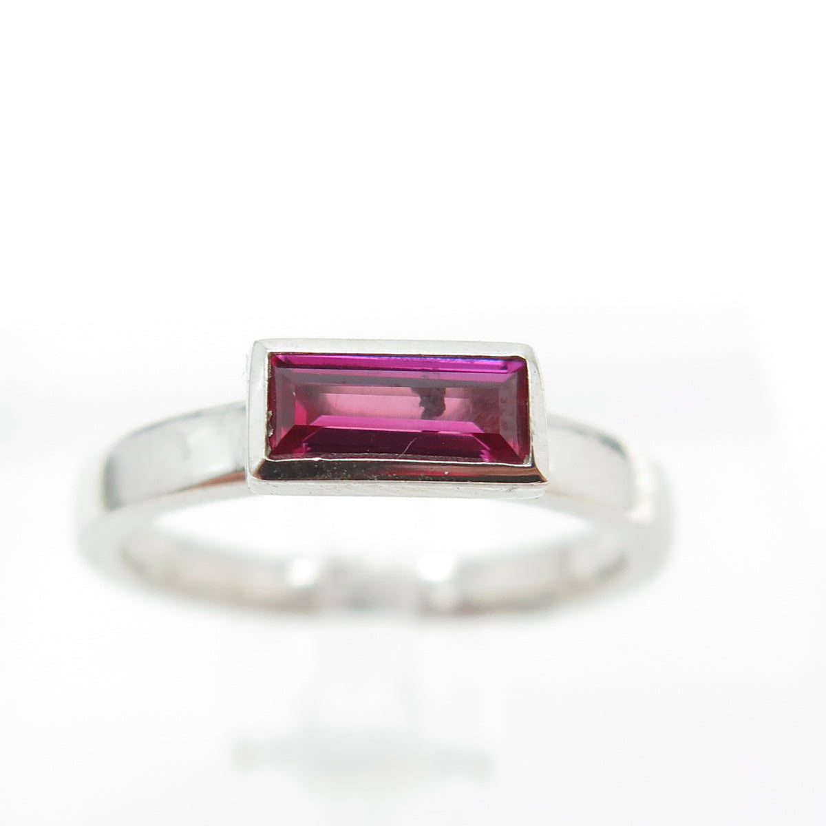 925 Sterling Silver Baguette-Cut Lab-Created Pink Sapphire Ring Size 4.75