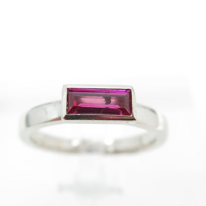 925 Sterling Silver Baguette-Cut Lab-Created Pink Sapphire Ring Size 4.75