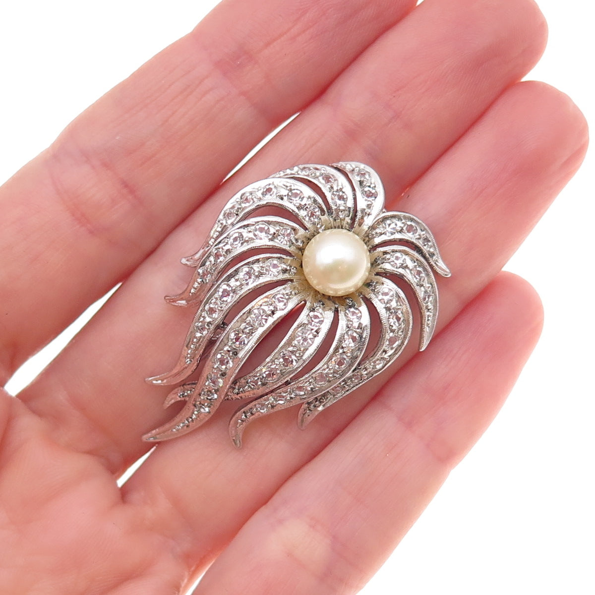 925 Sterling Silver Antique Art Deco Faux Pearl & Rhinestone Floral Pin Brooch