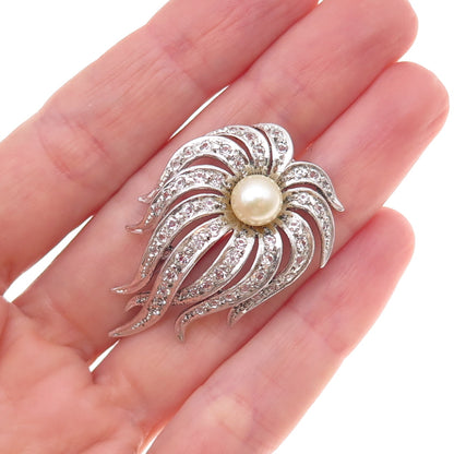 925 Sterling Silver Antique Art Deco Faux Pearl & Rhinestone Floral Pin Brooch