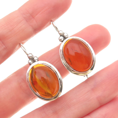 925 Sterling Silver Vintage Real Amber Modernist Beaded Earrings