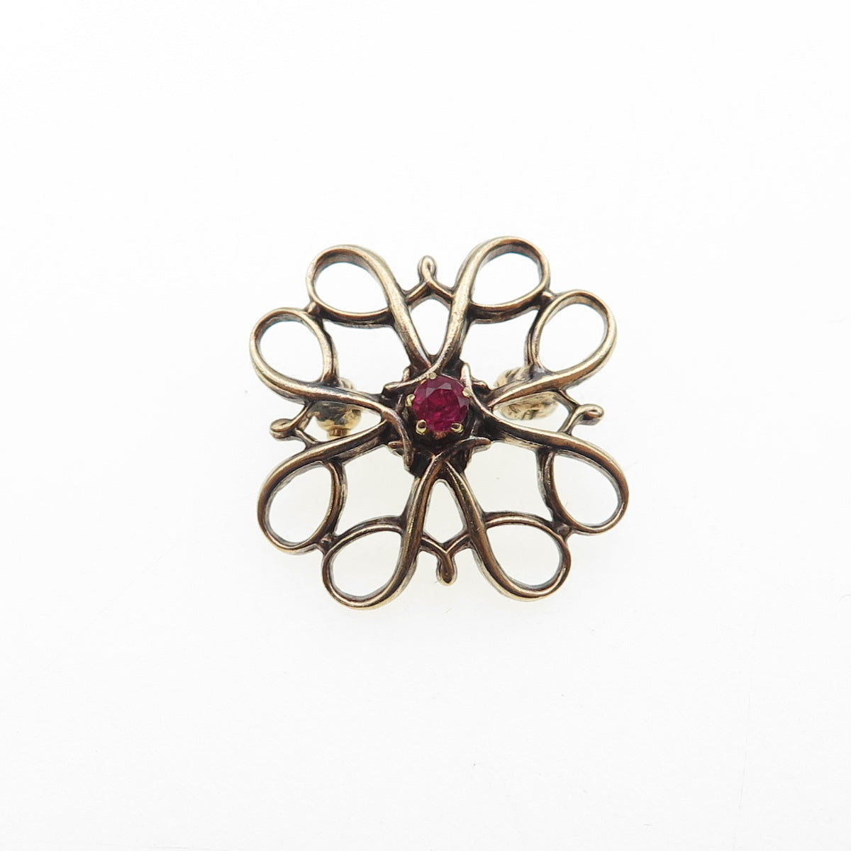 ROBBINS & CO. 925 Sterling Gold Plated Antique Art Deco Real Ruby Flower Brooch