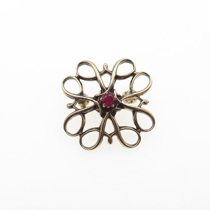 ROBBINS & CO. 925 Sterling Gold Plated Antique Art Deco Real Ruby Flower Brooch