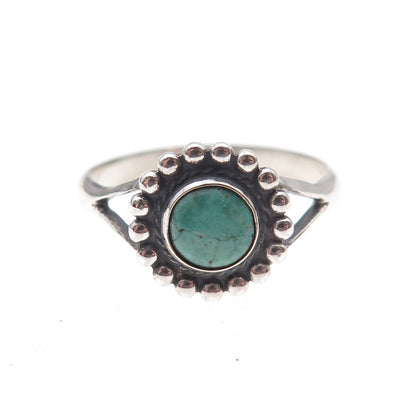 Old Pawn 925 Sterling Silver Vintage Turquoise Sun Beaded Tribal Ring Size 9