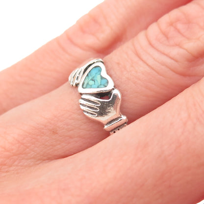 Old Pawn Sterling Silver Vintage Turquoise Inlay Irish Claddagh Ring Size 5.5