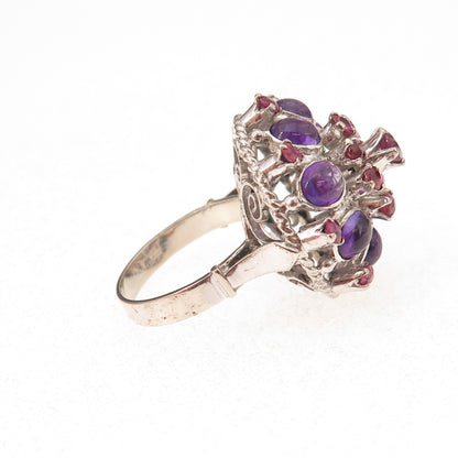 925 Sterling Silver Antique Art Deco Real Ruby & Amethyst Ring Size 7.25