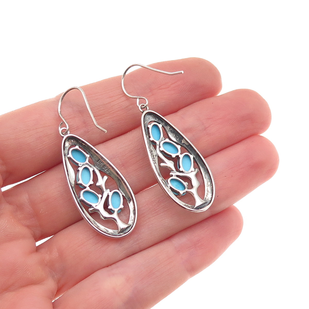 925 Sterling Silver Real Sleeping Beauty Turquoise Teardrop Dangle Earrings