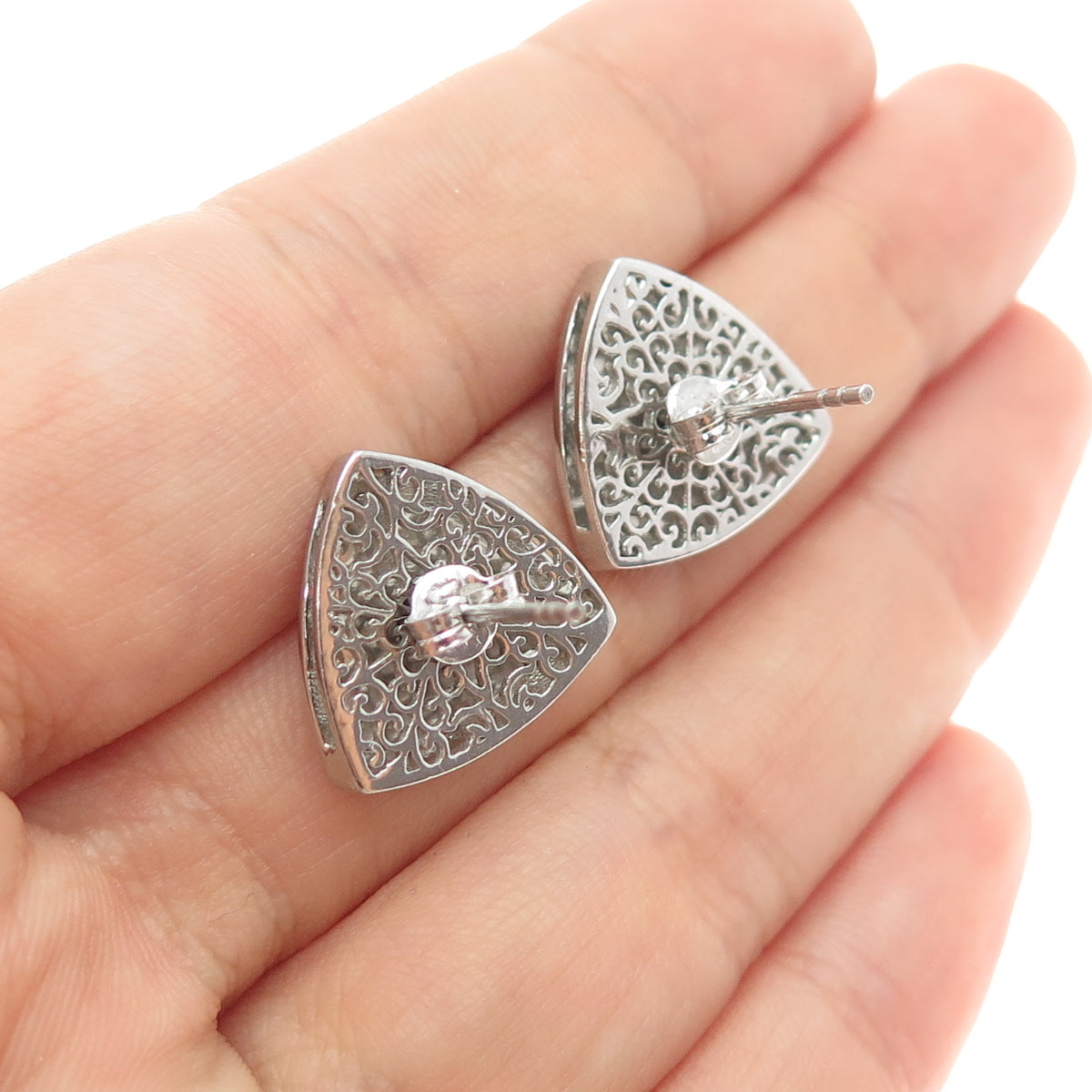 925 Sterling Silver Vintage Real Diamond Modernist Triangle Stud Earrings
