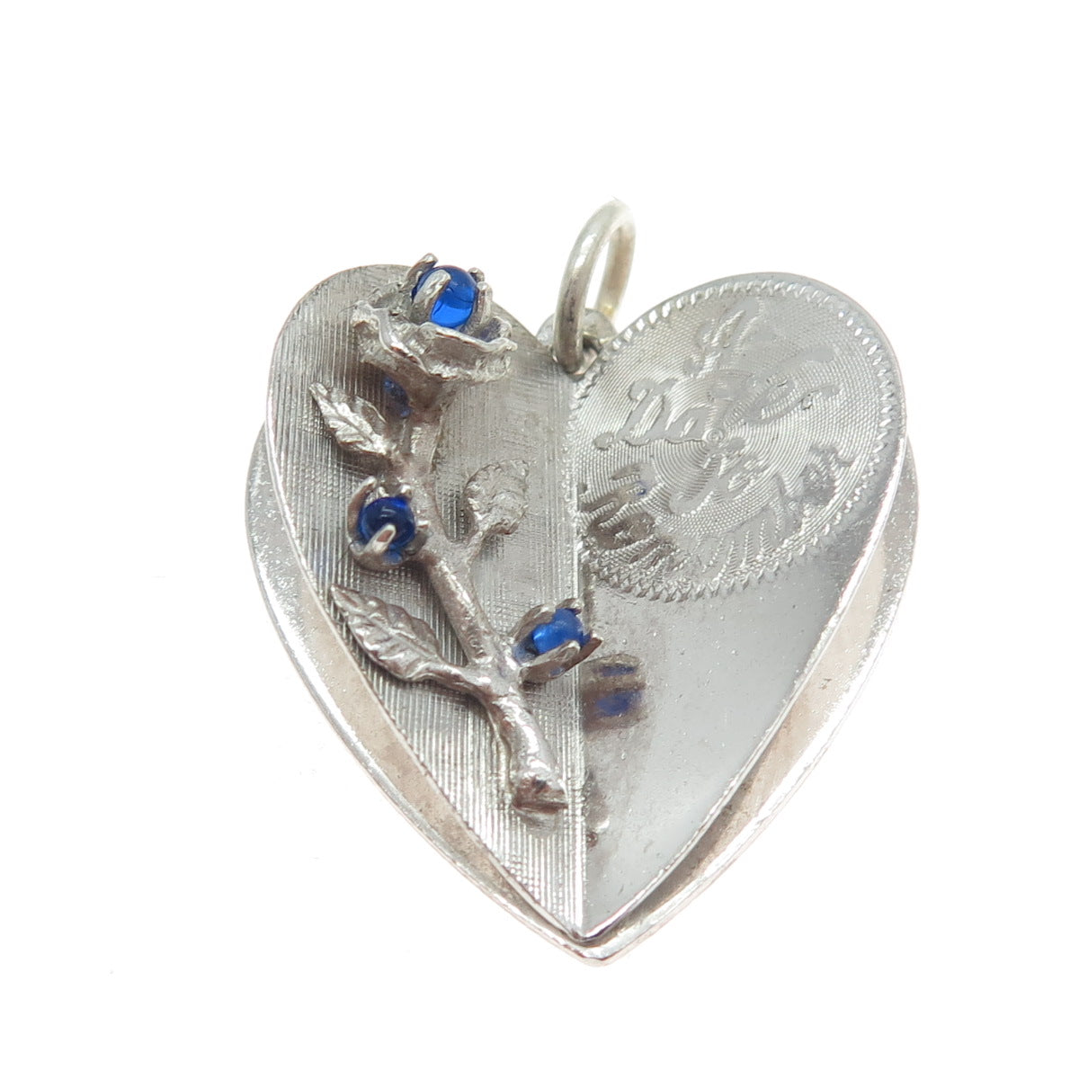 925 Sterling Silver Vintage Blue Glass "A Date to Remember" Heart Rose Pendant