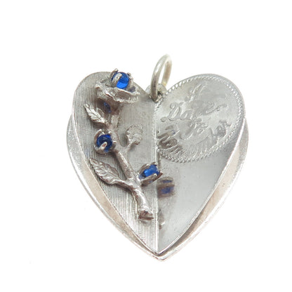 925 Sterling Silver Vintage Blue Glass "A Date to Remember" Heart Rose Pendant